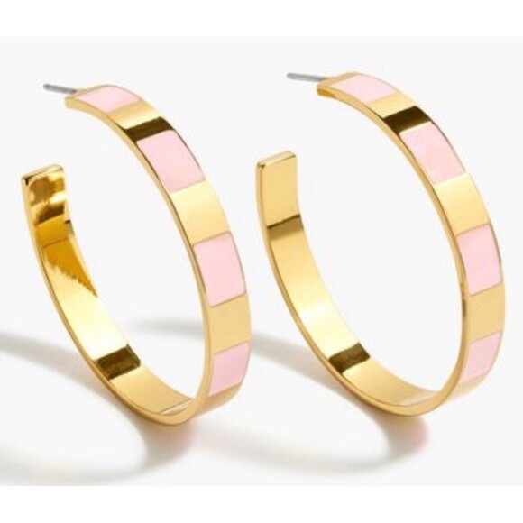 J. Crew Jewelry - J Crew Pink Enamel Stripe Gold Tone Hoop Earrings New